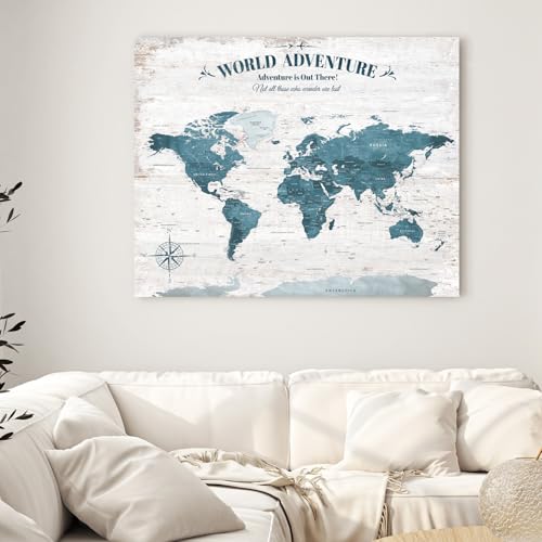 Image of IPIC - Antique Blue World Travel Map, Pin Board Canvas Wall Art, Travel Map with Pins Included, Ready to Hang for Home or Office, 30x24 Inch