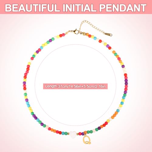 Initial Beaded Necklace, Colorful Cute Beaded Necklace with Heart Shells Stylish Letter Pendant Necklace Handmade Personalized A-Z Gifts for Women Girls (Letter Q), 10248202