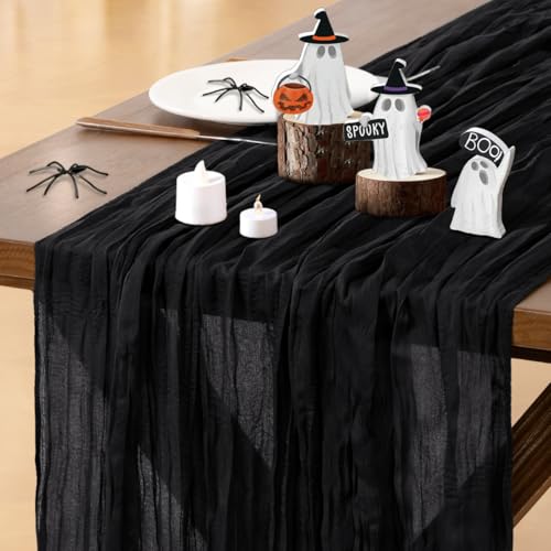 Image of Socomi 10pcs Black Cheesecloth Table Runner Boho Rustic Gauze Summer 120 inch 10FT Cheese Cloth Sheer Runner for Wedding Party Baby Shower Birthday Home Decor Holiday Decorations