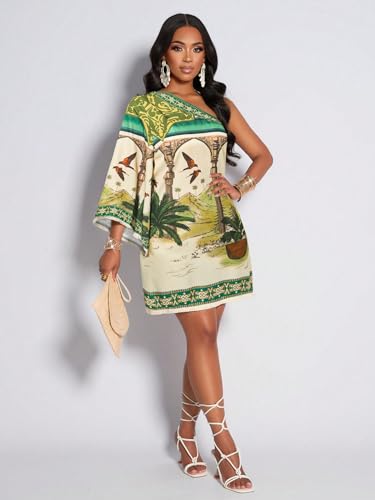 Image of KATECLO Women's One-Shoulder Boho Mini Dress - Asymmetrical Sleeve Floral Print Summer Shift Dress with Border Trim
