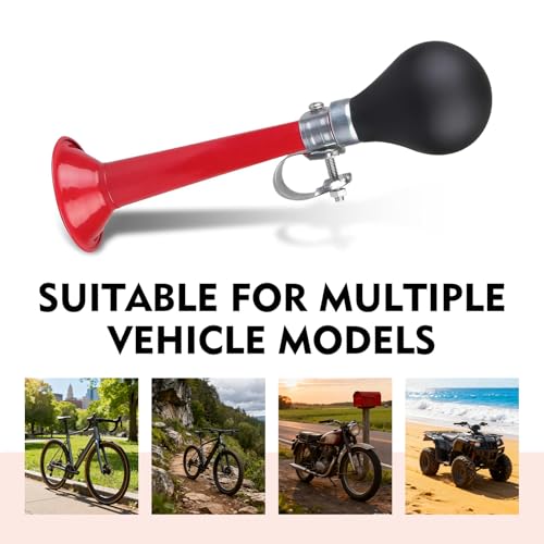 Foelony Bicycle Air Horn, Rubber Hand Squeeze Bulb Bike Horn, Classic Vintage Chrome Metal Hooter, Universal for Vehicles, Bicycles, Golf Carts (Red)