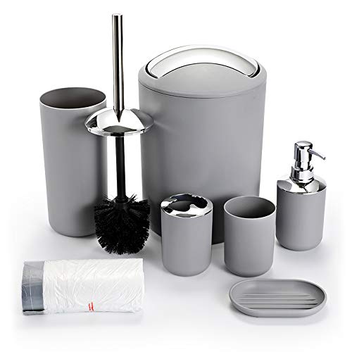 Bathroom Sets Accessories,Plastic 6 Piece Bathroom Accessory Set Bathroom Trash Can Set With Drawstring Trash Bags,Toothbrush Holder Set,Soap dispenser,Tooth Mug,Soap Dish,Toilet Brush Holder(Grey)