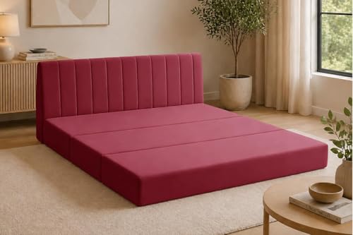Image of Modern Velvet 3-Seater Sofa Cum Bed, Convertible Sleeper Couch Sofa for Living Room, Bedroom & Office- Red Color