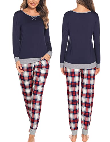 SWOMOG Men & Women Pajama Sets for Couples Long Sleeve Sleepwear Top Plaid Pants Loungewear Set with Pockets Men Navy Blue - Blue Plaid Small3