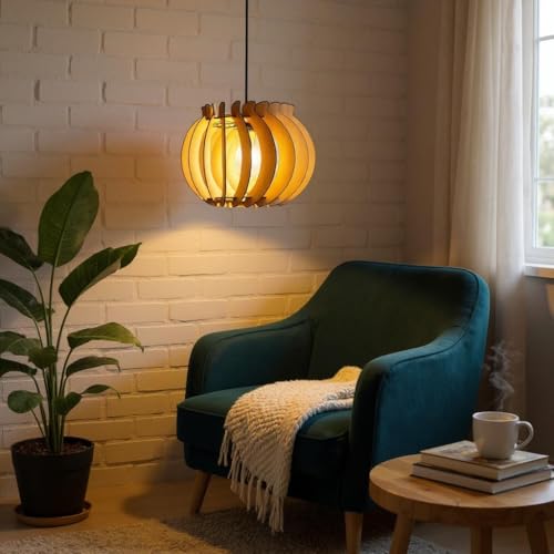 Image of Wood Pinecone Pendant lamp, Wooden Ceiling lamp, Wooden Hanging lamp handicrafted Home decore Chandelier Light (Round)