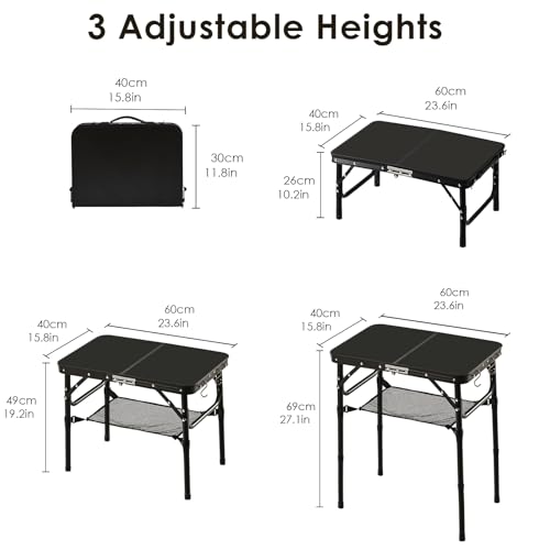 Image of Folding TV Dinner Tray Table, Adjustable Height Sofa Table, Black | Portable Snack Table with Storage Net, Lightweight Aluminum Couch End Table for Living Room, Bedroom, Camping, Patio