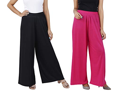 Image of Buy That Trendz M to 4XL Cotton Viscose Loose Fit Flared Wide Leg Palazzo Cotton for Pants Women Black Rani Pink Combo Pack of 2 Large