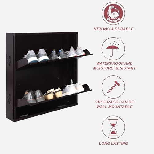 Image of Metal Shoe Rack Wall Mounted for Home with Central Locking | 2 Door 28 inch Wall Mounted Metal 6 Pair Shoe Rack Cabinet | Pre-Assembled Rack Shelves | 3 Year Warranty (Brown)