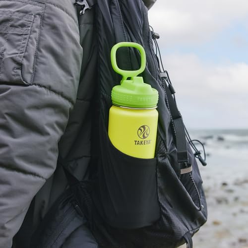 Image of Takeya Actives Kids Water Bottle 18 oz Stainless Steel Double Wall Insulation BPA-Free Leakproof Straw Lid Easy Carry Handle Reusable Ideal for Boys and Girls, School, Sports - Lightning Green