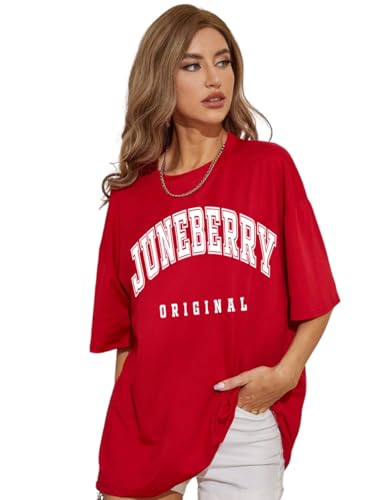 Image of JUNEBERRY Pure Cotton Oversized Drop Shoulder Brand Logo Typography Print Round-Neck Baggy Fit T-Shirt for Women (Available in Navy, Green & Pink Colors)