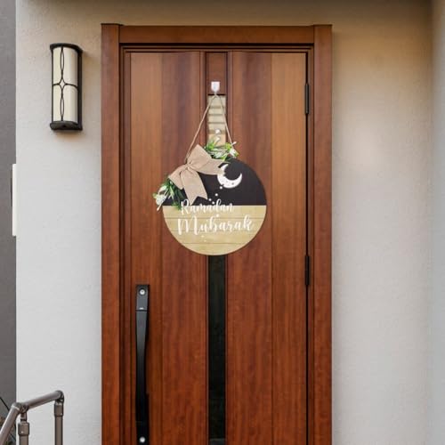 Letrero redondo de madera Eid Mubarak con grabado caligráfico para puerta 5