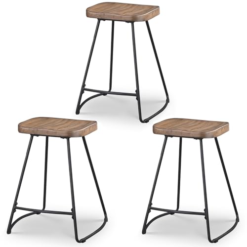 JUBILOOM Juego de 3 taburetes de bar de madera, taburetes de bar de 24 pulgadas de altura de mostrador con patas de metal, asiento de madera maciza, taburetes industriales rústicos sin respaldo para