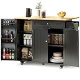 Xbro Isola Cucina con Piano Ribaltabile e Carrello su 5 Ruote, 1 Cassetto e Ripiano, Mobile Pratico e Compatto per Cucina e Sala da Pranzo, 130×75×88 cm, Nero