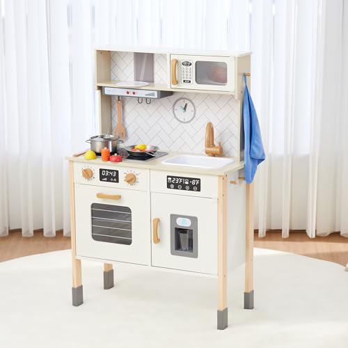 Freniland Wooden Play Kitchen, Kitchen Playset for Kids with Realistic
