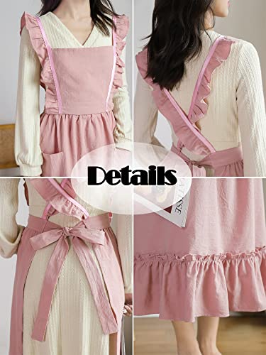 Girls Women Pleated Cotton X Back Long Aprons Home Kitchen Garden Art Pinafore Florist Shop Overalls (Pink, 35Wx 42L) #TOP5