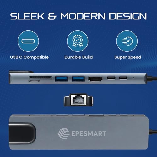 EPESMART 8 Portları 1 Arada USB C Hub Adaptörü, 4K HDMI, Şarj Cihazı, USB C Bağlantı Noktaları, SD/Micro SD Kart Okuyucular, Ethernet Bağlantı Noktası, M1 ve M2 Mac Bilgisayarlar için, Thunderbolt 3 - Görsel 5
