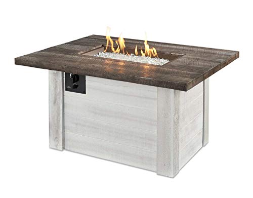 Outdoor GreatRoom Co Propane Fire Pit Table - Alcott Gas Fire Pits for Outside Patio - Concrete Firepit Fire Table with Matching Tabletop Cover, White Washed Shiplap Base - Antique Timber