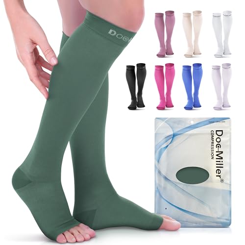 Image of Premium Open Toe Compression Sleeve 1 Pair 20-30mmHg Strong Support Graduated Sock Pressure Sports Running Recovery Shin Splints Varicose Veins Doc Miller (Dark Green, Open Toe, X-Large)