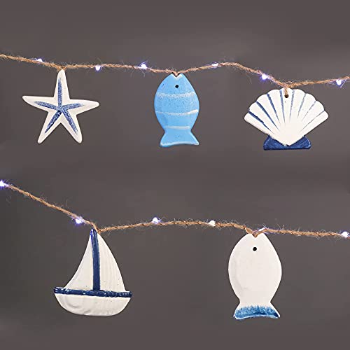 Flavcharm Nautical String Lights 10Ft 30Leds With 20 Big Fish Sailboat Starfish Shells Decorations And Hemp Rope Battery/Usb Operated For Ocean Themed Decor Mermaid Party Coast Room Decor #TOP6