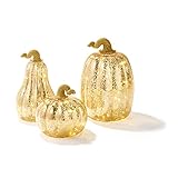 Gold Pumpkin Centerpiece with LED Lights - Set of 3, Mercury Glass Style, Seasonal Decorations,...