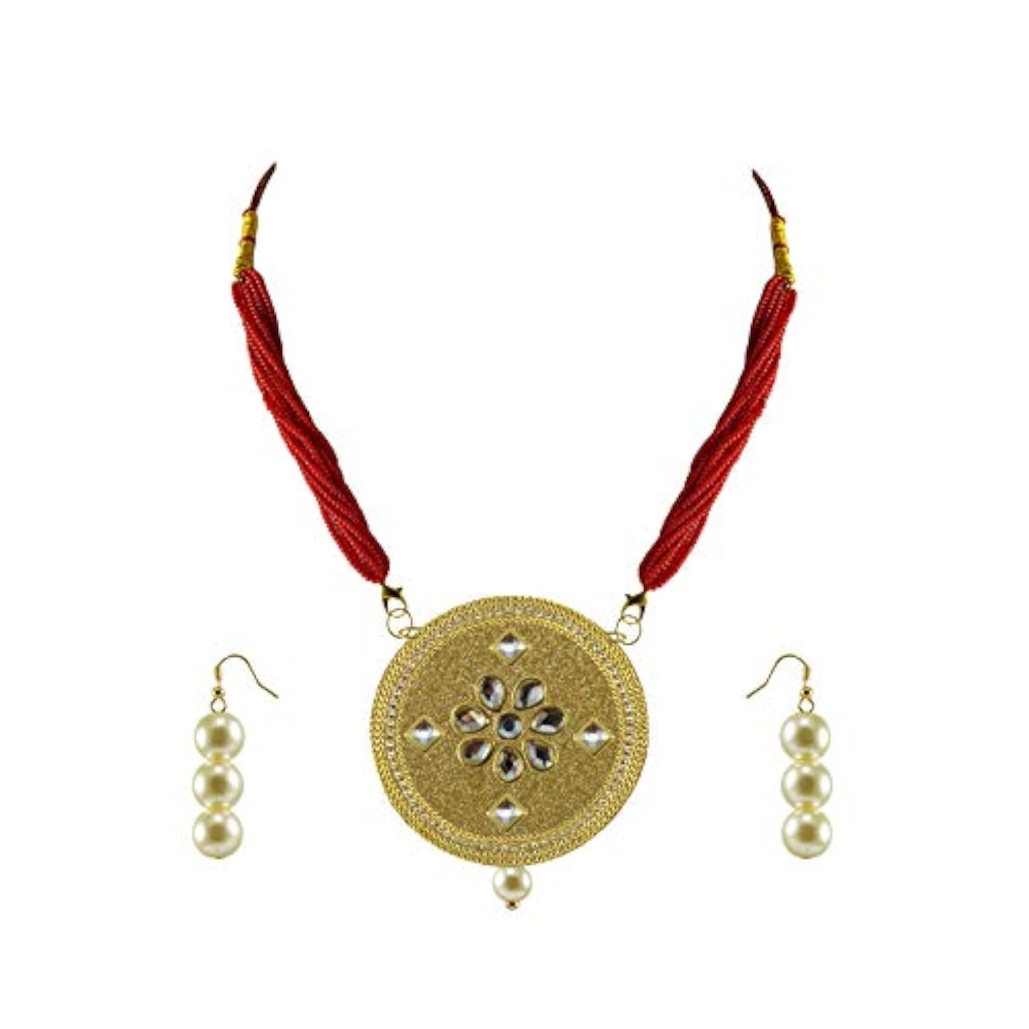 Women's Multicolor Solid Multi Stone Stud Platted Brass Pendant Set