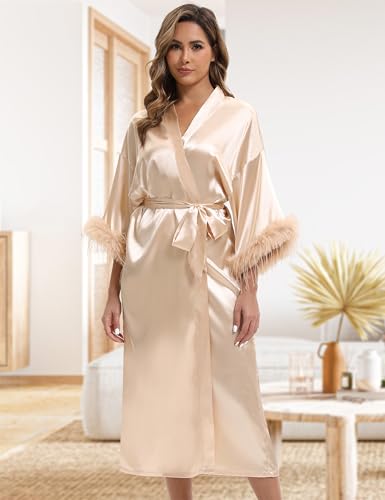 EPLAZA Bride Robe for Wedding Day Bridal Robes with Feather Long Satin Kimono Robes for Bachelor Party Getting Ready Outfits (Champagne, One Size) - Thumbnail 2