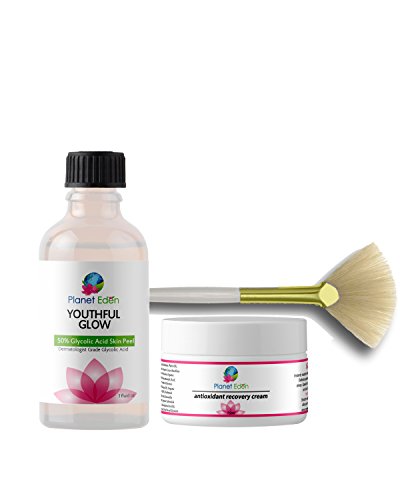 Planet Eden 50% Glycolic Acid Chemical Skin Peel Kit with Antioxidant Recovery Cream and Fan Brush - Diminish the look of Dark Spots, SUN DAMAGE, Wrinkles/fine lines, Age/Dark Spots