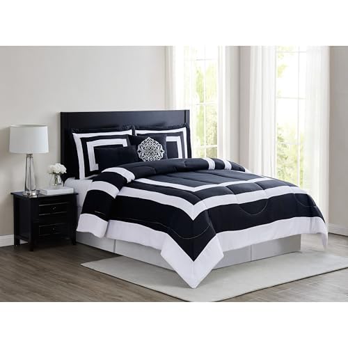 London Fog Raynes Hotel White and Black Polyester 5-Piece Full/Queen Comforter Set, Geometric, 100% Polyester, for Men and Women, OEKO-TEX Certified Confidence