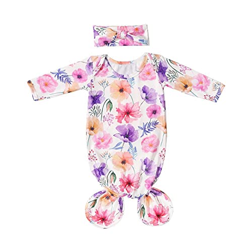 Image of Mikccer Baby Newborn Knotted Gown 0-6 Months, Soft Breathable Sleeper Gowns, Babies Girl Coming Home Outfit Infant Flower Nightgowns with Headband