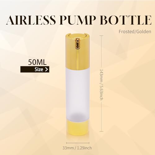 6Pcs 1.7oz 50ml Frosted Transparent Airless Pump Bottles with Funnel, Travel Size Vacuum Dispenser Refillable Cosmetic Containers For Foundations, Cream, Serums, Shampoo, Lotion(Gold)2