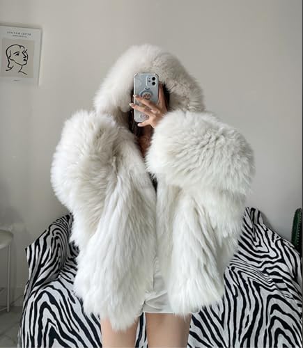 Short White Women's Fashion Faux Fur Coat Soft Overcoat Fluffy Fur Jacket Outwear Sweater With Hat2