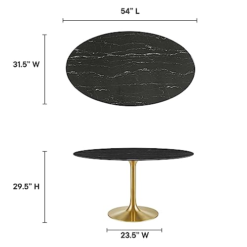 Image of Modway Lippa Oval 54 inch Artificial Marble Mid-Century Modern Dining Table, Gold Black