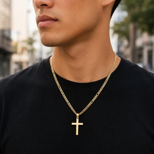Image of CaptainSteeL Stainless Steel Cross Necklace for Men, Figaro Chain Pendant