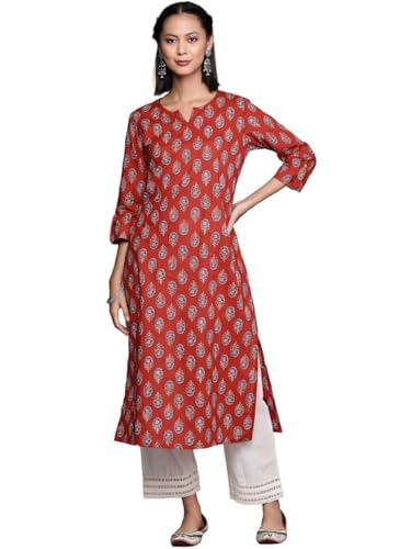 Image of Varanga Women Printed Straight Kurta | Cotton | Round Neck | 3 /4 Sleeve |Casual Wear