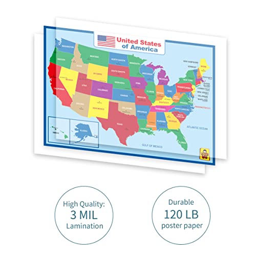 UNCLE WU Wall United State Map Poster for Kids -Double Side Learning USA Map -18 x 24 inch Laminated