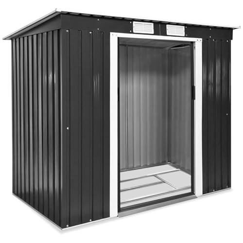 tectake® Casetta da Giardino in Lamiera, Box con Tetto Inclinato, Box da Giardino per Esterno con Porta Scorrevole, Lamiera in Acciaio, Fondamenta in Metallo - Grigio/Bianco