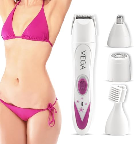Vega Feather Touch 4-In-1 Trimmer Face & Body Hair Trimmer | 60 Min Runtime | Ladies Eyebrow & Bikini Hair Removal Trimmer | Rechargeable Cordless Hair Removal Machine for Women, (VHBT-03)