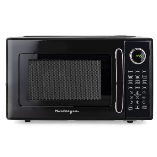 Image of Nostalgia Retro Microwave Oven - 1.1 Cu Ft, 1000-Watt Countertop Size with Glass Turntable, Child Safety Lock, 8 Auto-Cook Programs, Digital Clock - Black