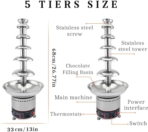 Commercial Use Chocolate Fondue Fountain, 4/5/6/7 Tiers Chocolate Waterfall Machine with Temperature Control, for Party Restaurant Wedding Buffet Equipment(Size:5 Tier)
