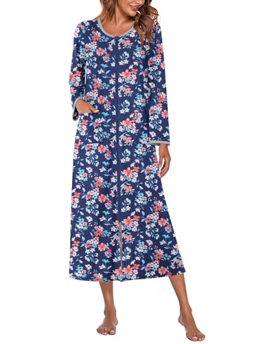 Ekouaer Abrigo largo para mujer, con cremallera frontal, camisón de longitud completa con bolsillos, ropa de descanso a rayas, tallas S-4XL, Azul Marino Floral, X-Large