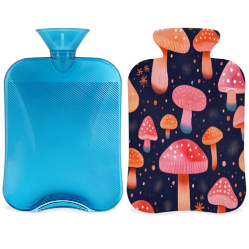 Hot Water Bottle with Soft Cover,2L Fantastic Mushrooms Hot Water Bag for Hot and Cold Compress, Hand Feet Warmer, Cartoon Mushrooms Rubber Hot or Cold Water Bottle Halloween Christmas Decorations
