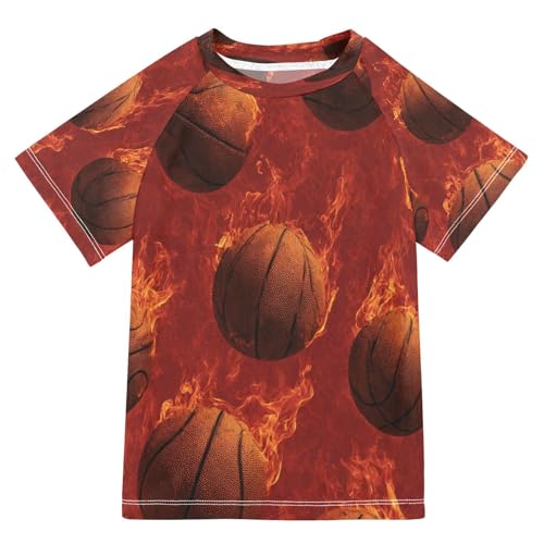 Boys Short Sleeve T-Shirts Basketball Fire Ball Rashguard Kids Swim Shirts Sun UPF 50+