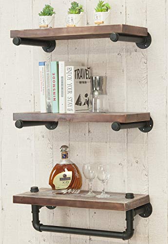 Bixirao Industrial Rustic Modern Wood Ladder Pipe Wall Mounted Floating Shelves - Bookshelf,Diy Storage Shelving,Hung Bracket,Bookcase (3-Tier Floating Shelves) #TOP22