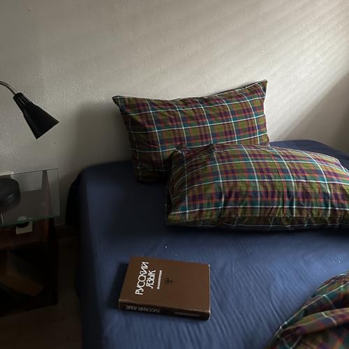 Image of VM VOUGEMARKET Neutral Multicolor Plaid Washed Cotton Duvet Cover Queen,Vintage Green & Purple Gingham Tartan Bedding Set for Modern & Rustic Bedrooms(90 inchx90 inch)
