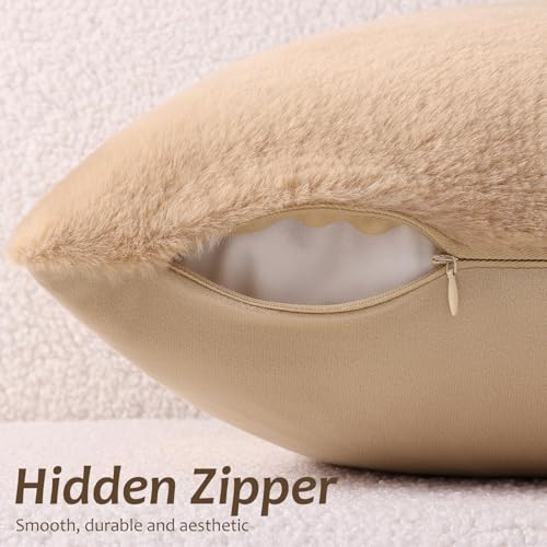 Pallene Faux Fur Plush Throw Pillow Covers 26x26 Set of 2, Soft Fluffy Couch Pillow Covers for Living Room, Khaki