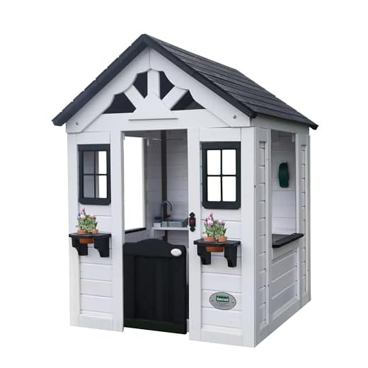 Backyard Discovery Sweetwater All Cedar White Modern Outdoor Wooden Playhouse, Cottage, Sink, Stove, Windows, Kitchen with Pot and Pans and Utensils, Flowerpot Holders, Working Doorbell, Ages 2-6