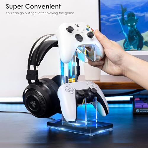 2-Tier Acrylic Gaming Controller Stand with LED Lights, Universal Headset & Controller Holder for PS5/PS4/Xbox/Switch, Touch Control RGB Lighting, Non-Slip Base & Cable Management, 1 PCS