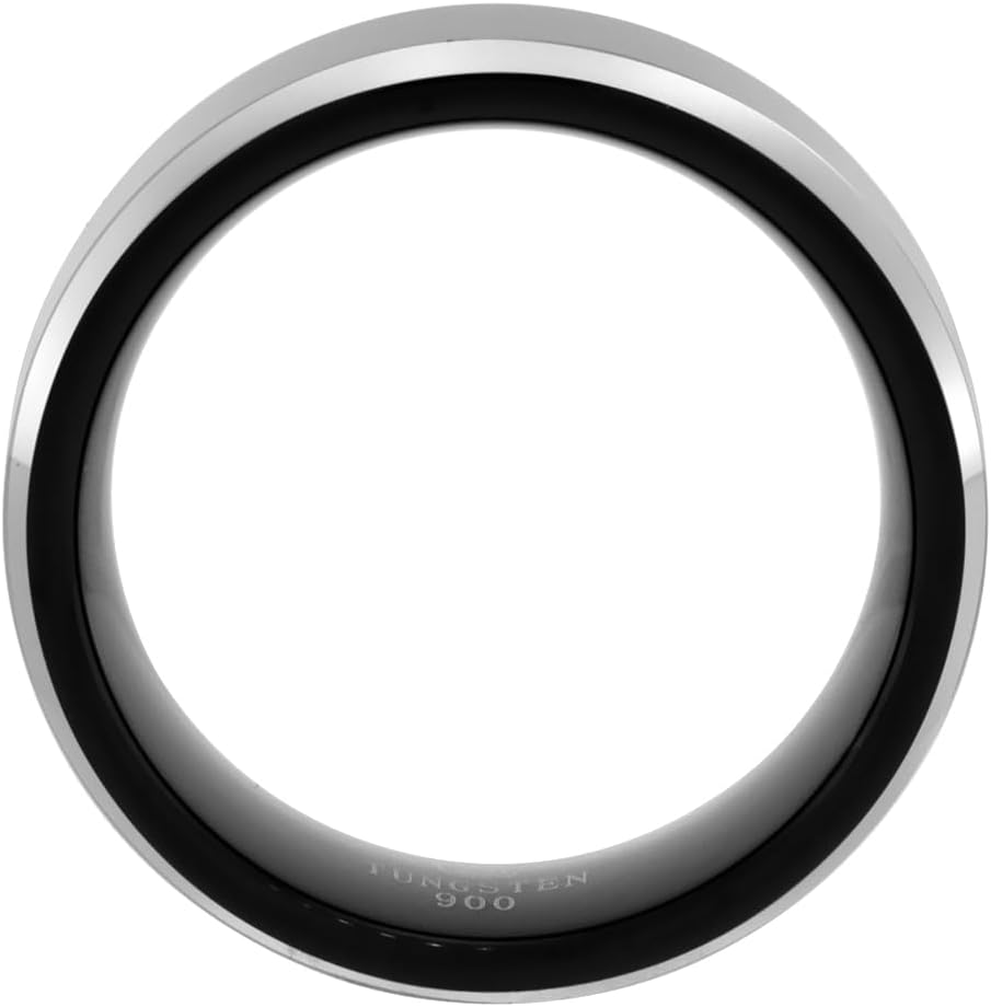 Tungsten Carbide 8 mm Flat Wedding Band Ring Two-tone Black Finish Beveled Edges sizes 7 to 14