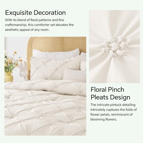 Image of BEDELITE Queen Comforter Set Cream White,Lightweight & Soft Comforter | Pintuck Boho Bedding, Warm & Cute Bed Set for All Season,With 2 Pillowcases