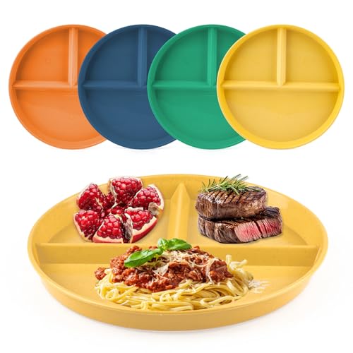 Divided Dinner Plates Set of 4, 8.6 Inch Portion Control Divided Plates, Diet Plate, Unbreakable Reusable Deep Picnic Plate Dishes for Adults Food Dessert, Microwave Safe